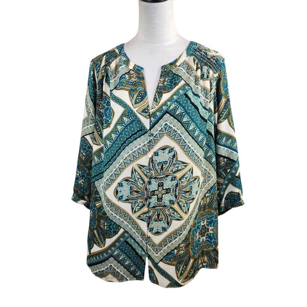 Rose + Olive Womens 1X Paisley Print Smocked V-Neck Blouse Teal‎ Gold 3/4 Sleeve